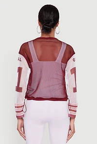 Womens Number Sequin Fishnet Graphic Print Long Sleeve Top, Burgundy, Size XL