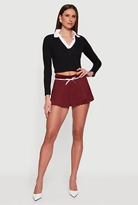 Womens Contrast Trim Ribbed Knit Cropped Polo Shirt,