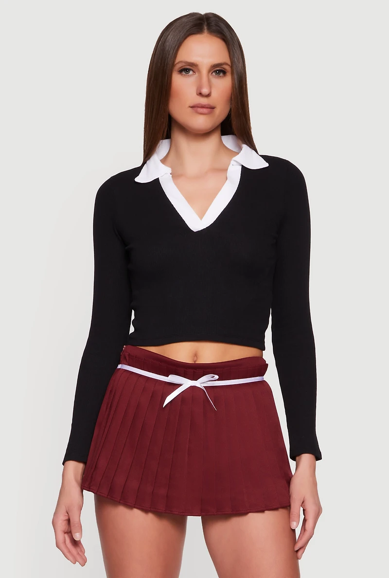 Womens Contrast Trim Ribbed Knit Cropped Polo Shirt,