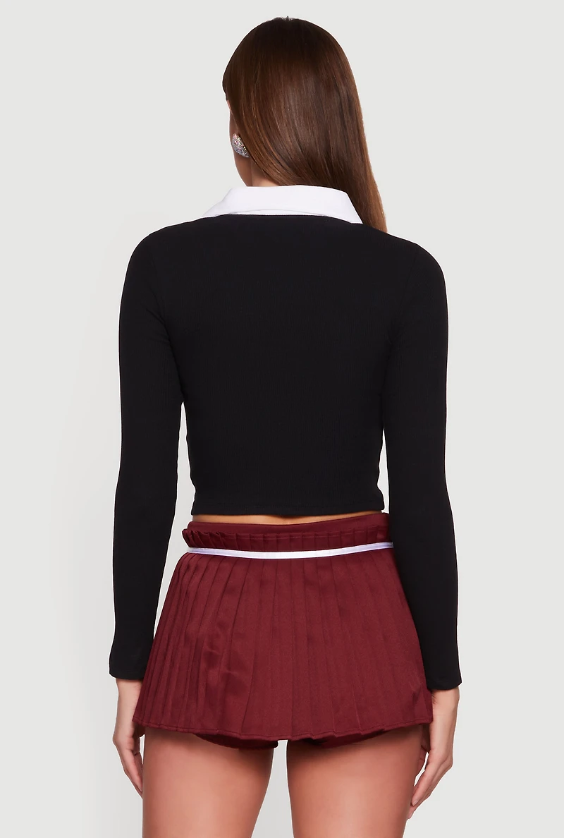 Contrast Trim Ribbed Knit Cropped Polo Shirt
