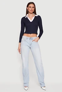 Contrast Trim Ribbed Knit Cropped Polo Shirt