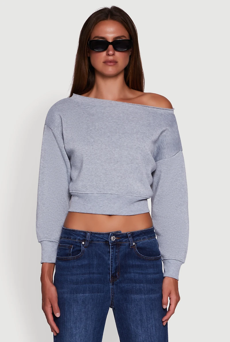 Womens Long Sleeve Fleece Lined Crop Sweatshirt, Grey, Size L