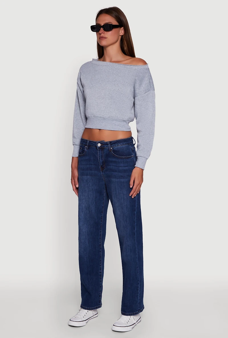 Womens Long Sleeve Fleece Lined Crop Sweatshirt, Grey, Size L