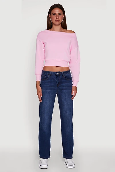Womens Long Sleeve Fleece Lined Crop Sweatshirt, Pink, Size S