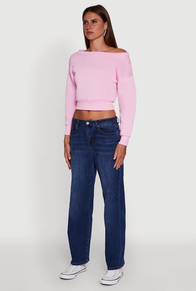 Womens Long Sleeve Fleece Lined Crop Sweatshirt, Pink, Size S