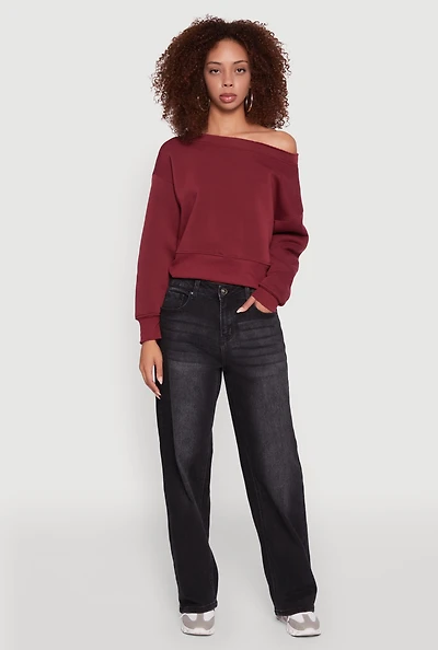 Womens Long Sleeve Fleece Lined Crop Sweatshirt, Burgundy,