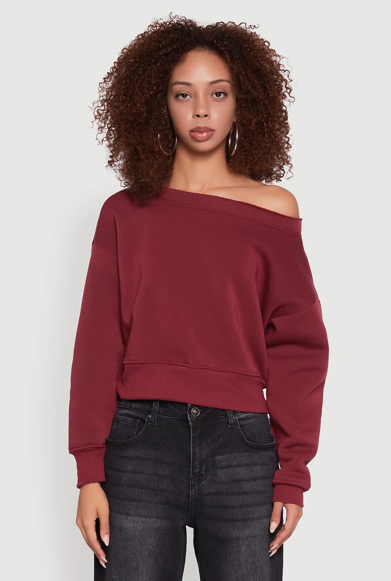 Womens Long Sleeve Fleece Lined Crop Sweatshirt, Burgundy,
