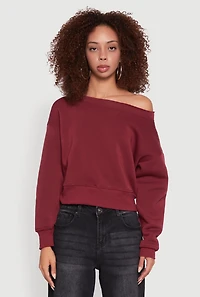 Womens Long Sleeve Fleece Lined Crop Sweatshirt, Burgundy,