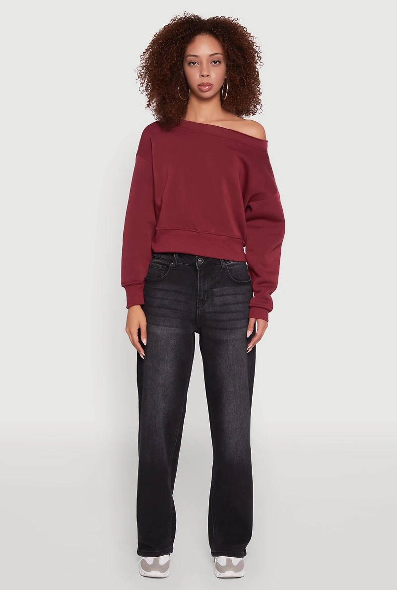 Womens Long Sleeve Fleece Lined Crop Sweatshirt, Burgundy, Size L