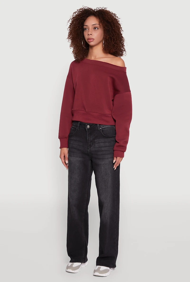 Womens Long Sleeve Fleece Lined Crop Sweatshirt, Burgundy, Size L
