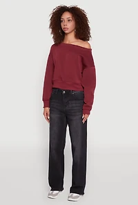 Womens Long Sleeve Fleece Lined Crop Sweatshirt, Burgundy,