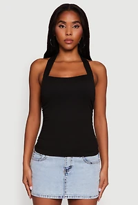 Womens Elegant Ruched Halter Top, Black, Size M