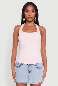 Womens Elegant Ruched Halter Top, Pink, Size L
