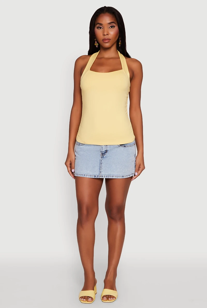 Womens Elegant Ruched Halter Top, Yellow, Size S