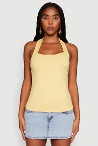 Womens Elegant Ruched Halter Top, Yellow, Size L