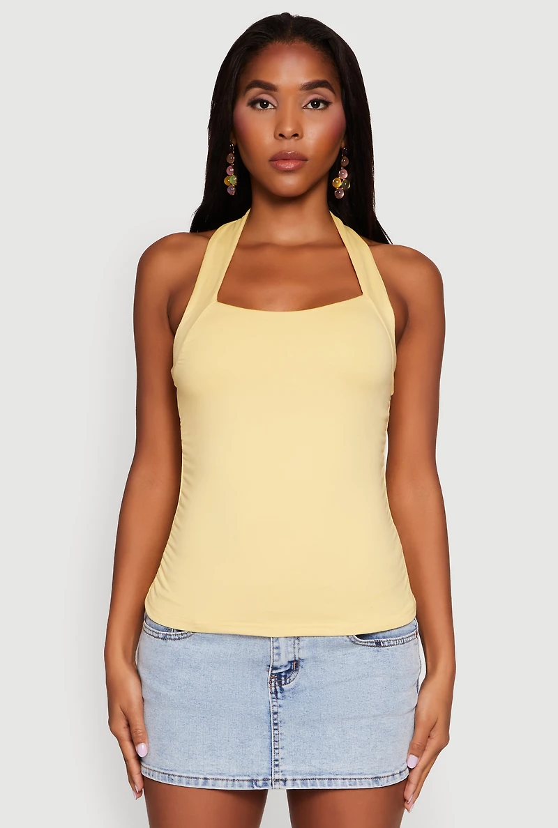 Womens Elegant Ruched Halter Top, Yellow, Size L