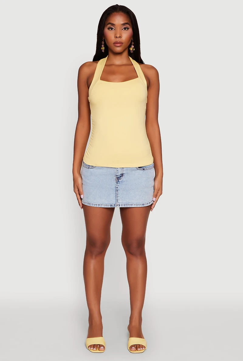 Womens Elegant Ruched Halter Top, Yellow, Size M