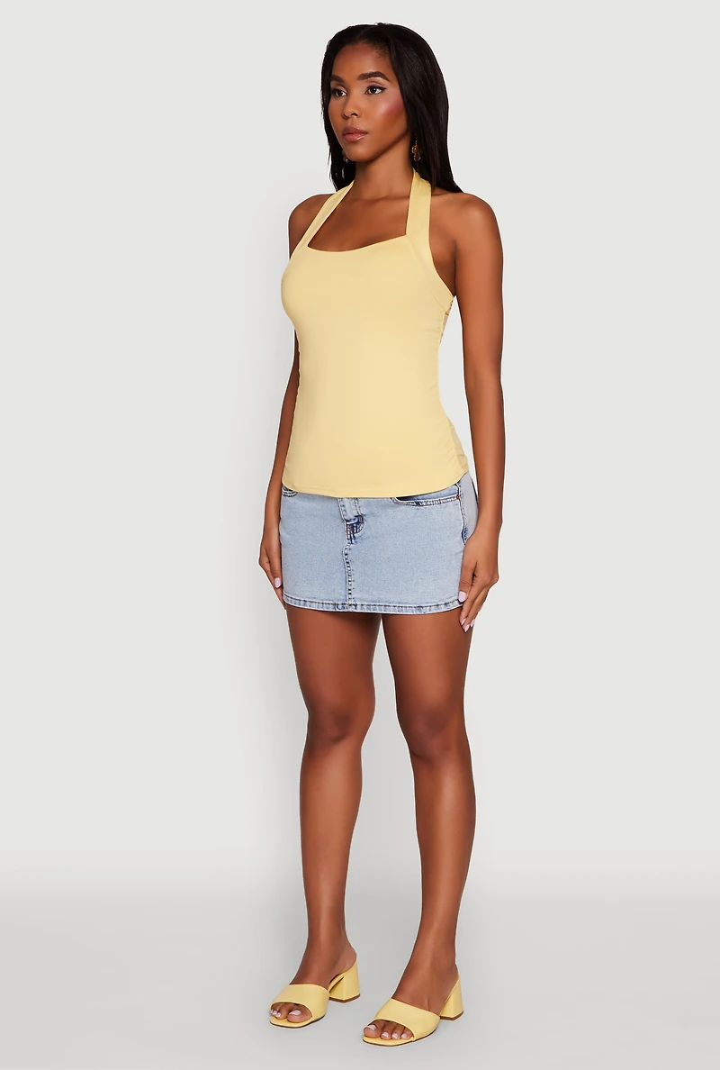 Womens Elegant Ruched Halter Top, Yellow, Size M