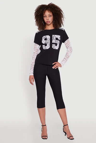 Womens Lace Detail Graphic Long Sleeve Top,