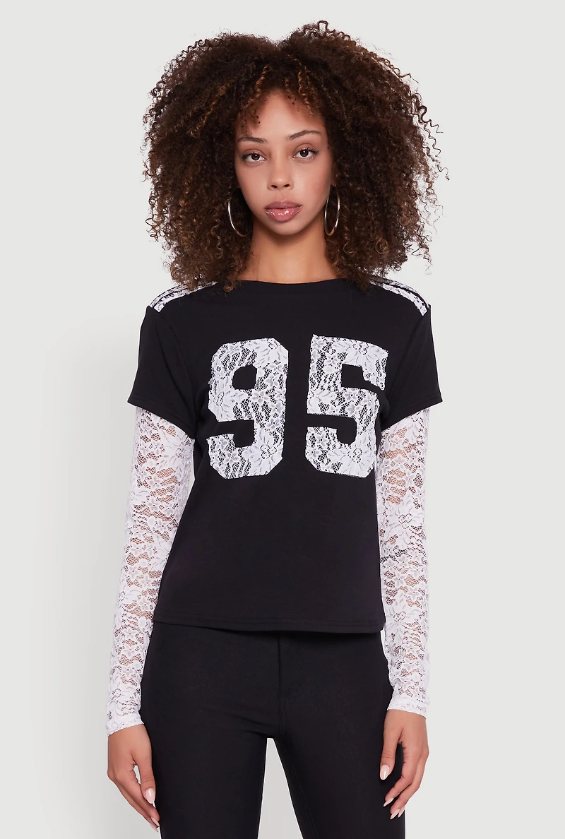 Womens Lace Detail Graphic Long Sleeve Top, Black,