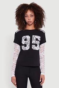 Womens Lace Detail Graphic Long Sleeve Top, Black,