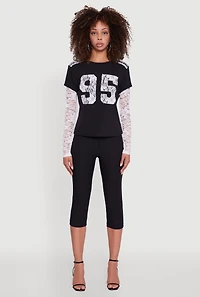 Womens Lace Detail Graphic Long Sleeve Top, Black,