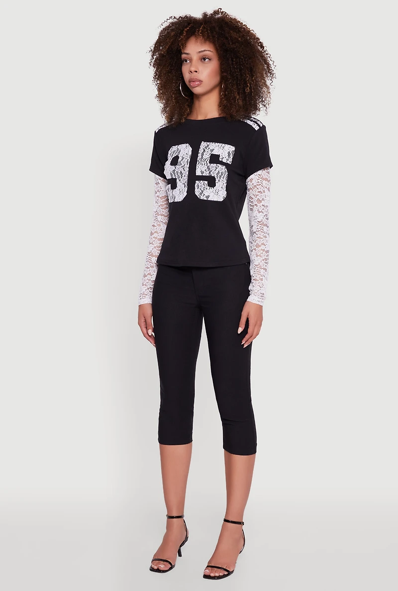 Womens Lace Detail Graphic Long Sleeve Top, Black,