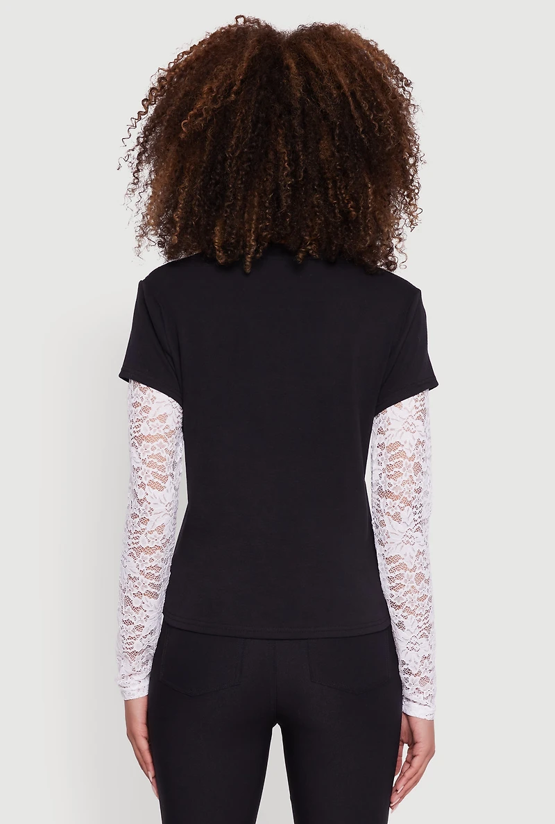 Womens Lace Detail Graphic Long Sleeve Top, Black,