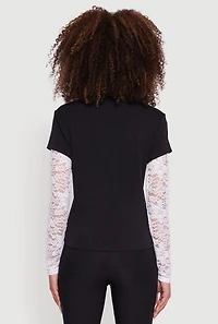 Womens Lace Detail Graphic Long Sleeve Top, Black,
