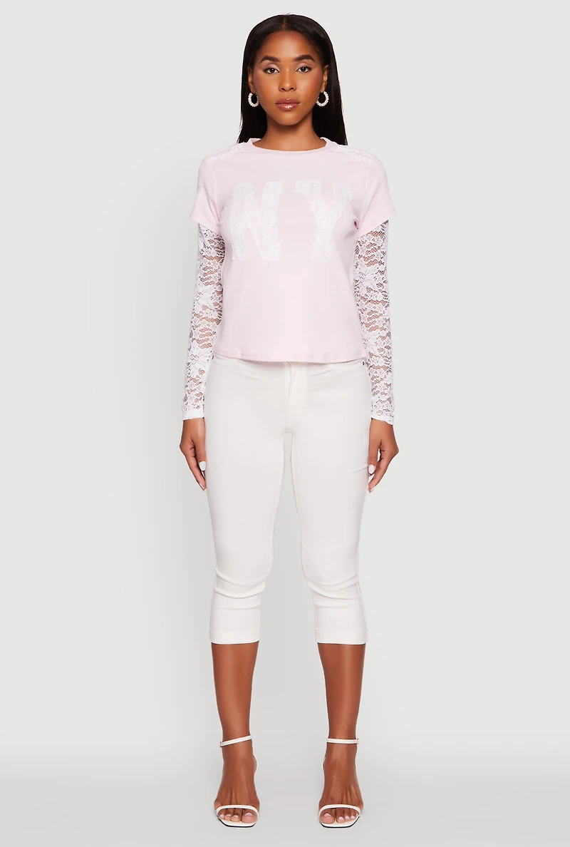 Womens Lace Detail Graphic Long Sleeve Top, Pink, Size S