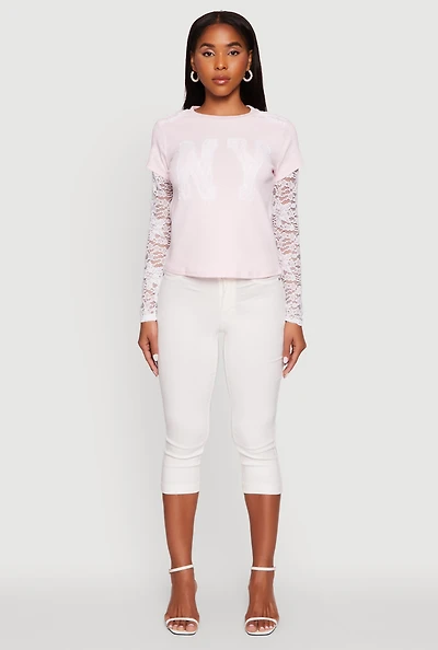 Womens Lace Detail Graphic Long Sleeve Top, Pink, Size S