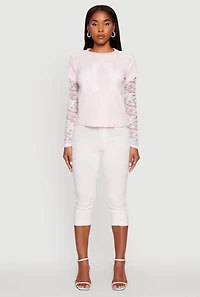 Womens Lace Detail Graphic Long Sleeve Top, Pink, Size S