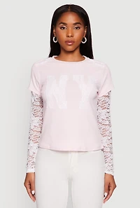 Womens Lace Detail Graphic Long Sleeve Top, Pink, Size S