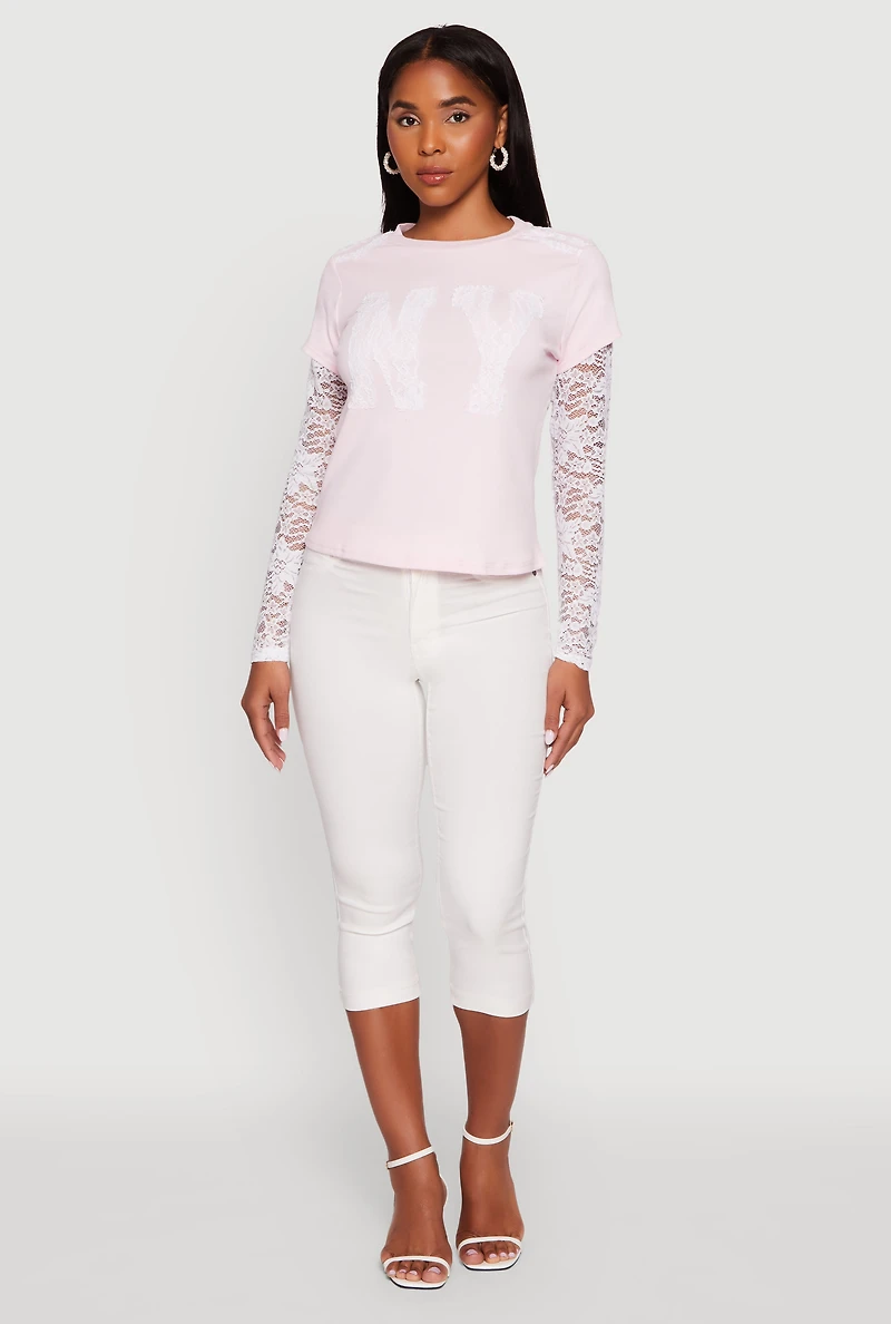 Womens Lace Detail Graphic Long Sleeve Top, Pink, Size S