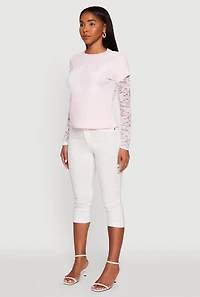 Womens Lace Detail Graphic Long Sleeve Top, Pink, Size S
