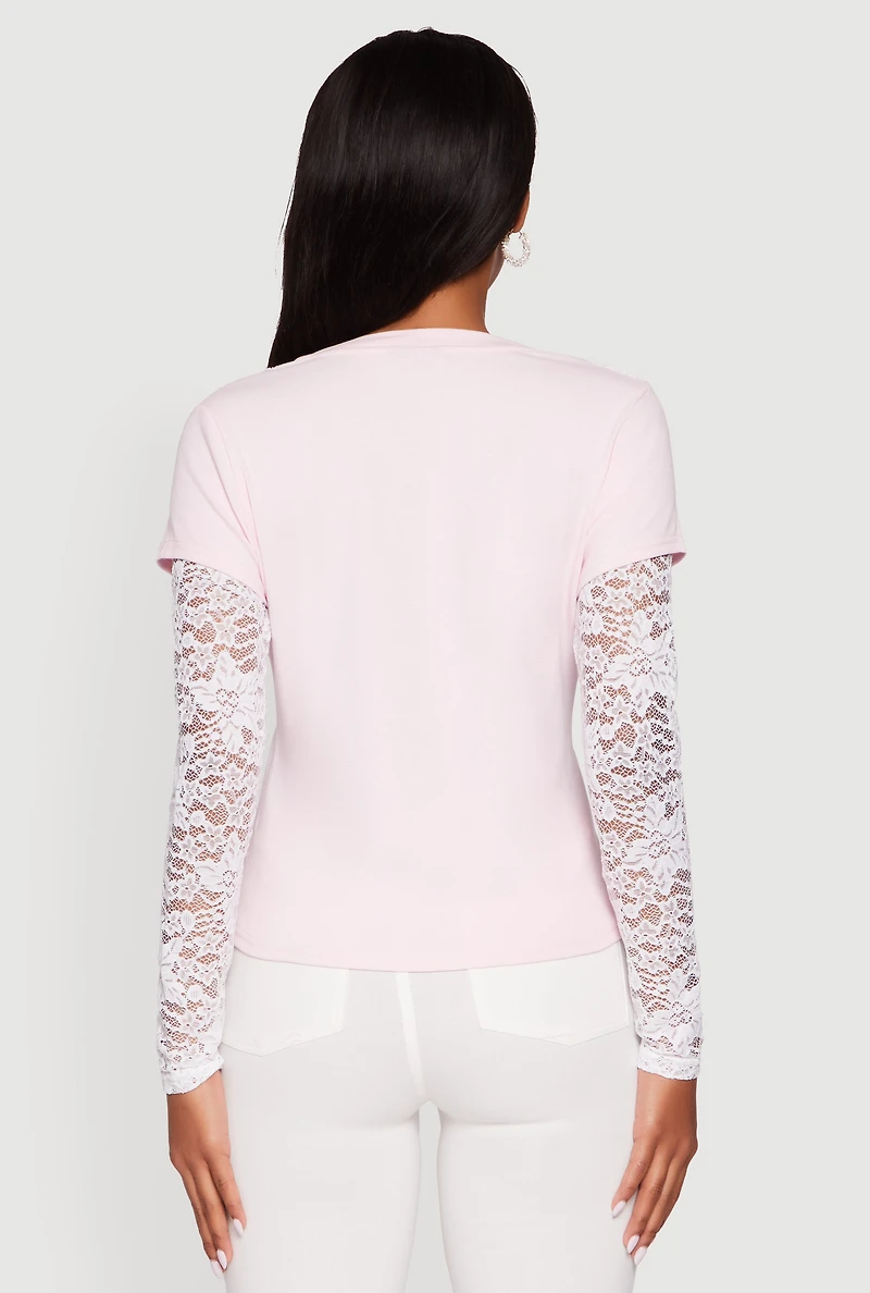 Womens Lace Detail Graphic Long Sleeve Top, Pink, Size S