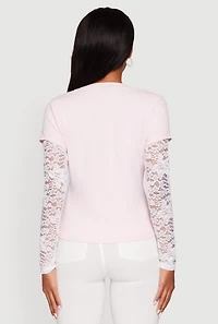 Womens Lace Detail Graphic Long Sleeve Top, Pink, Size S