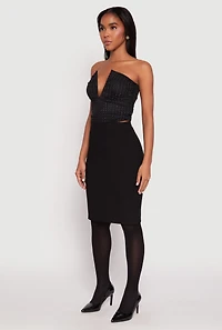 Womens Rhinestone Mesh Plunge Corset Top, Black, Size L