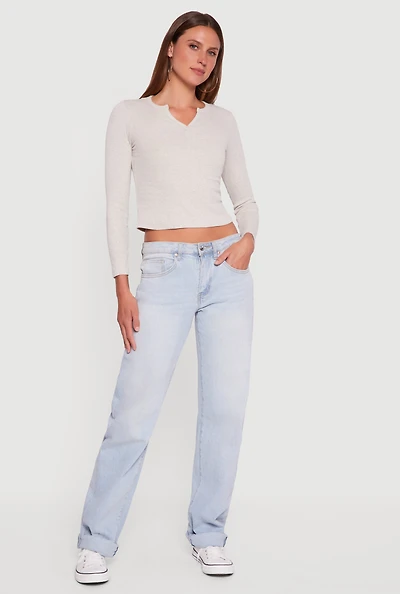 Womens Cropped Long Sleeve Notch Neck Henley Top,