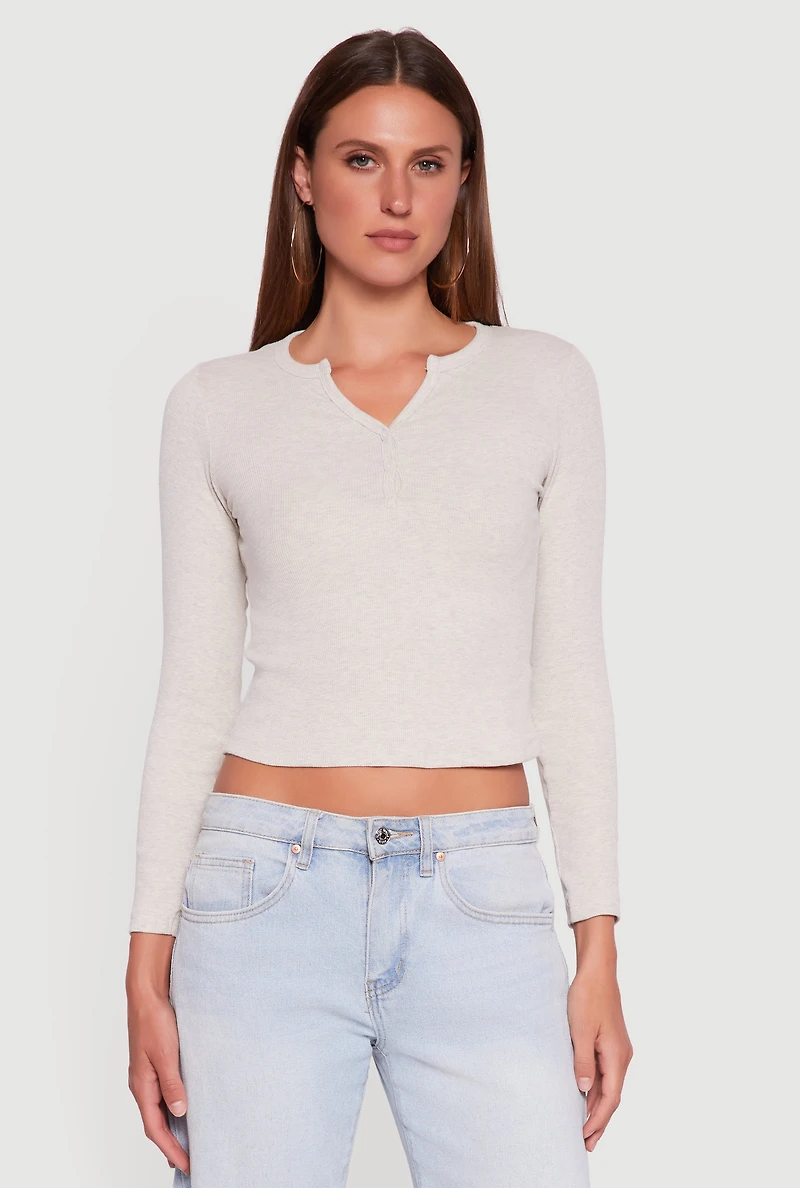 Womens Cropped Long Sleeve Notch Neck Henley Top,