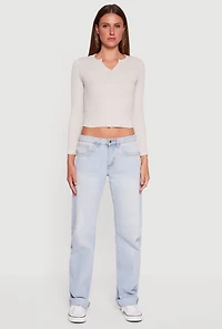 Womens Cropped Long Sleeve Notch Neck Henley Top,