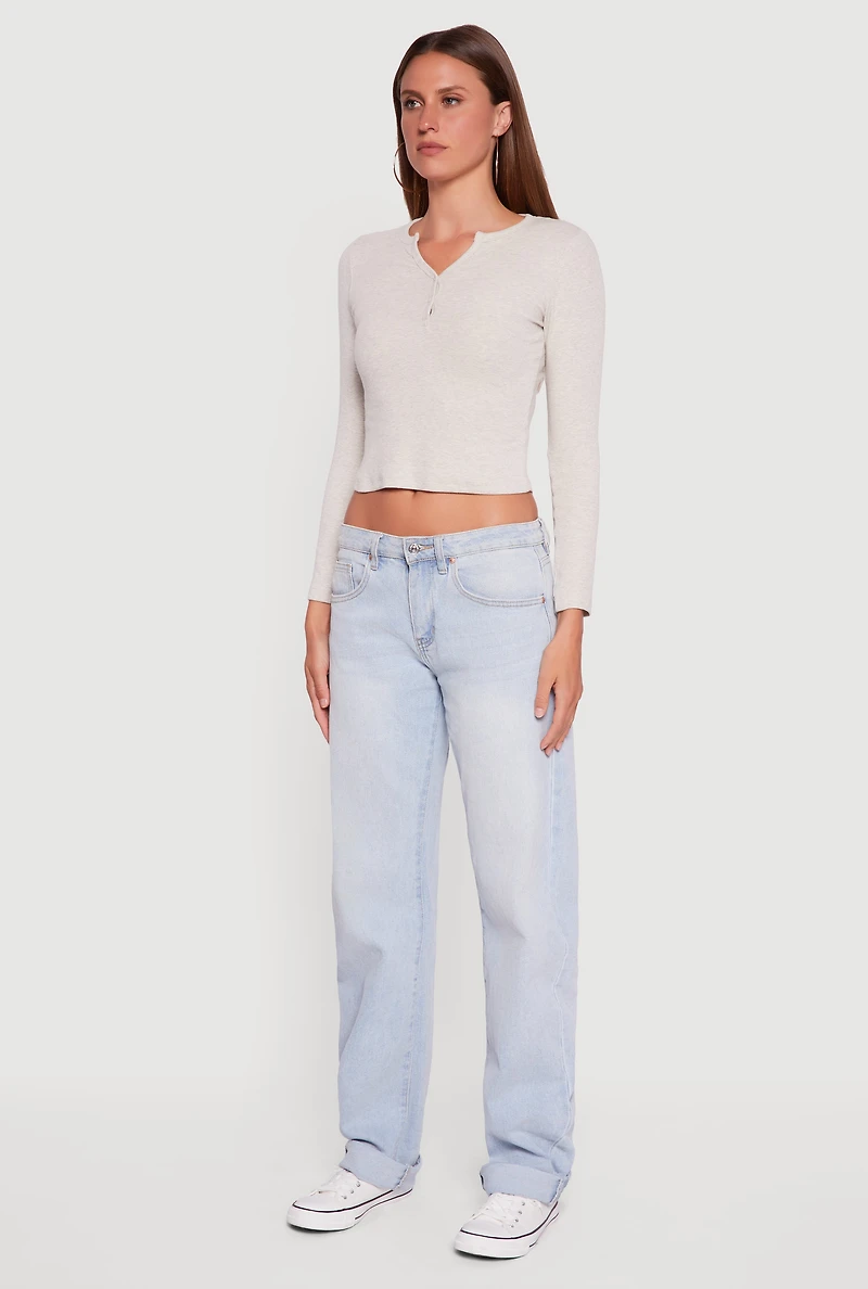 Womens Cropped Long Sleeve Notch Neck Henley Top,