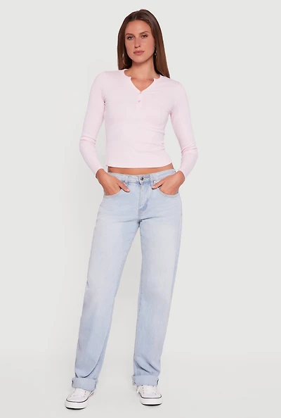 Womens Cropped Long Sleeve Notch Neck Henley Top,