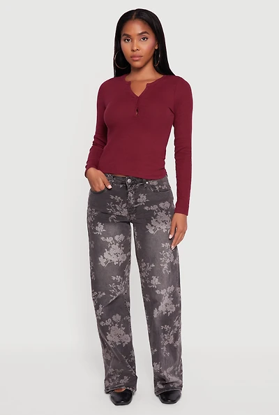 Cropped Long Sleeve Notch Neck Henley Top