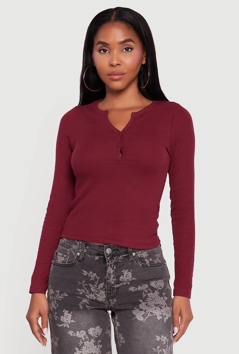 Cropped Long Sleeve Notch Neck Henley Top