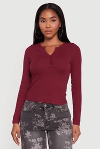 Cropped Long Sleeve Notch Neck Henley Top