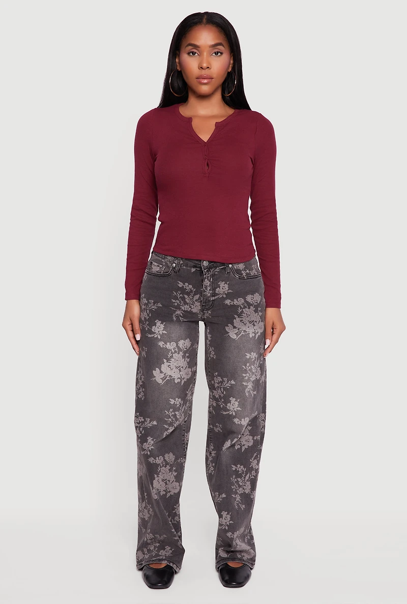 Cropped Long Sleeve Notch Neck Henley Top