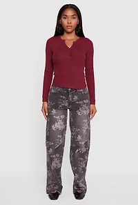 Cropped Long Sleeve Notch Neck Henley Top