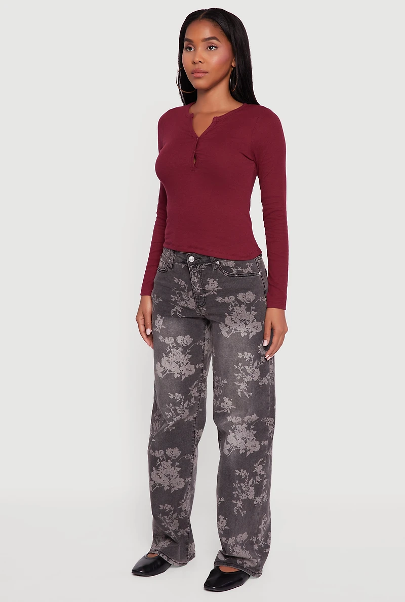 Cropped Long Sleeve Notch Neck Henley Top