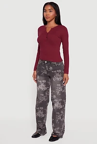 Cropped Long Sleeve Notch Neck Henley Top